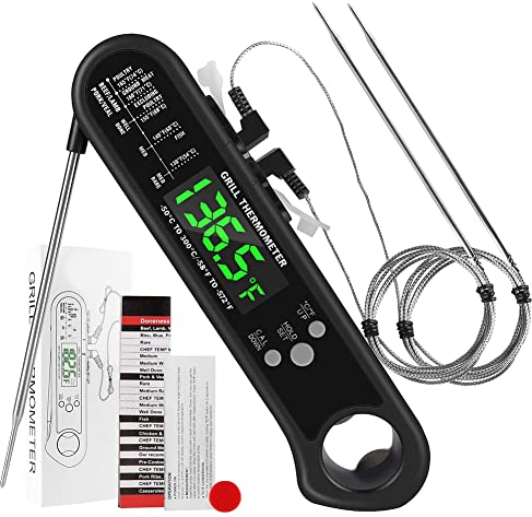 Kahdsvby - Termómetro digital de carne, 3 en 1, termómetro de azúcar, con 2 sondas cableadas, desmontables, calibración, función de alarma