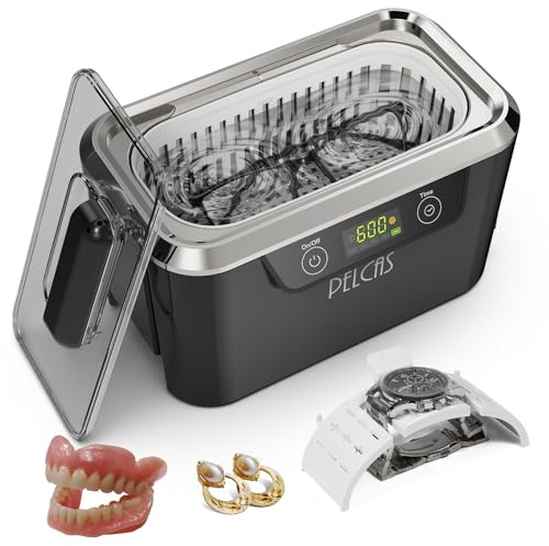 PELCAS Ultrasonic Cleaner with Dual Transducers,Jewellery Cleaner 800ML 42KHz with Touch Screen and 5 Time Settings for Glasses Watches Jewellery Denture Tools Guin-Ness Surger Cans -Black