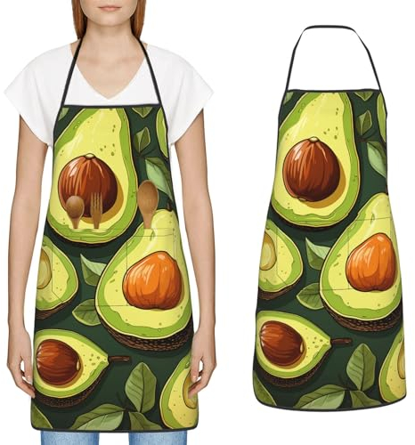 YoupO Kochschürze mit Avocado-Cartoon-Muster, mit großen Taschen, wasserdichte Arbeitsschürze für Männer und Frauen, Weiss/opulenter Garten, Einheitsgröße