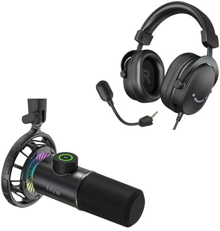 FIFINE Gaming Headset mit Podcast Mikrofon PC, Dynamische Microphone und Over Ear Kopfhörer mit Kabel, USB Headphone mit 7.1 Surround Sound für PS4 PS5 Xbox Switch (K658+H9)