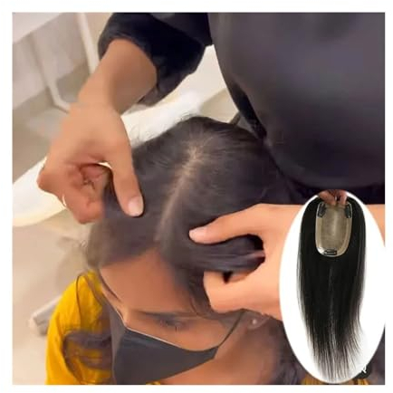 Haartopper für Frauen 9x14cm Damen-Topper mit Seidenbasis und Clips aus reinem europäischem Echthaar for Frauen, 8-14 atmungsaktive, handgefertigte glatte Haarteile Haarteil Topper Toupet Frauen Pony