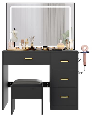 YITAHOME Schminktisch mit Spiegel, Kosmetiktisch mit 4 Schubladen, Beleuchtung, Steckdose, Schwarz (Make Up Tisch, Frisiertisch, Kosmetiktisch, Vanity Table)