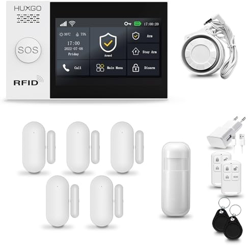 HUXGO® HXA007 Funk Alarmanlage Set WiFi + GSM mit Sirene | Alarm System mit Bewegungsmelder, 5X Tür- Fenstersensor | Smart Home