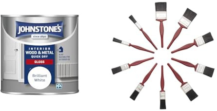 Johnstone's - Quick Dry Gloss - Brilliant White - Gloss Finish - Water Based & Fit For The Job 10 pc Mixed Sizes Paint Brush Set for a Smooth Finish with Emulsion, Gloss, Satin on Walls, Ceilings