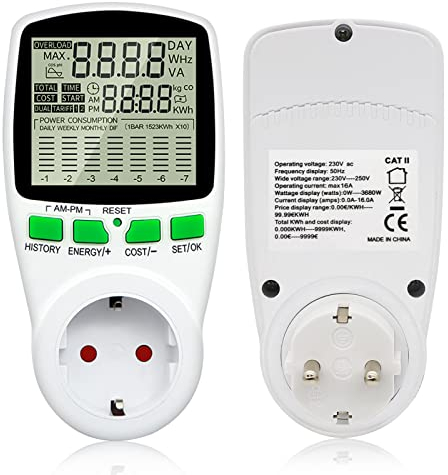 Strommessgerät für Balkonkraftwerk, Mini PV Anlage, Mini Solaranlage, Stromzähler für Steckdose mit 11 Überwachungsmodi 3680W, Energiekostenmessgerät mit Überlastsicherung (A)