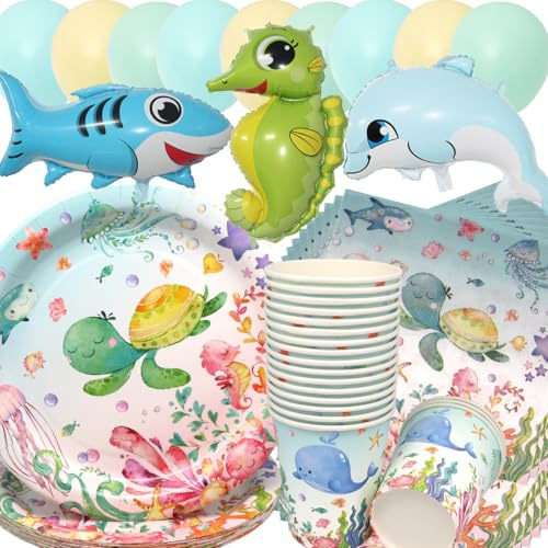 Stoviglie per Feste Animali Marini,Doyomtoy 75 Pezzi Animali Oceanici Compleanno Decorazioni Ocean Sea Piatti di Compleanno, Tazze, Tovaglioli per Bambini Compleanno Favors
