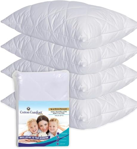 Cotton Comfort Bedding Anti Allergy Pillow Protectors 4 Pack - 100% Waterproof, Ultra Soft & Breathable Microfiber Quilted Pillow Protectors - White, 50x75cm