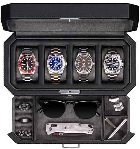 ROTHWELL Scatola per orologi in pelle con 4 scomparti e cassetto per riporre gioielli, custodia di lusso con chiusura a chiave, con parte superiore in vero vetro, organizer per orologi per uomini e