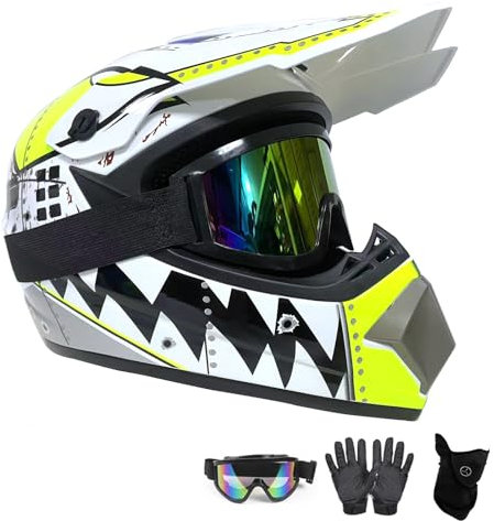 Casco Motocross Set con Occhiali Guanti Maschera Viso, White Shark Design, per Bambini e Adulti, AVT MX Casco Moto Full Face per Downhill Offroad Enduro Scooter Sport(L(56~57cm))