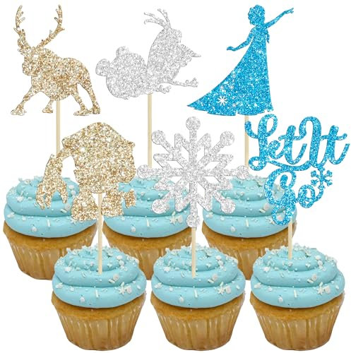 Gyufise 24Pcs Snowflake Cupcake Toppers Glitter Princess Deer Castles Snowflake Cupcake Picks for Winter Wonderland Snow Theme Birthday Christmas Castles Party Cake Decorations Supplies Blue