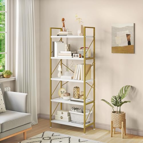 YITAHOME Bookshelf, 5 Tiers Bookcase Tall Book shelf with Metal Frame, Industrial Display Storage Rack, Shelving Units for Living Room Bedroom Home Office Kitchen, Gold Book Shelves