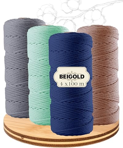 BEIGOLD® Makramee Garn (3mm x 100m) - 4er Set Bergsee (Grau,Minze,Blau,Braun)