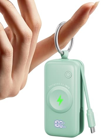 INIU Power Bank pour Apple Watch, 5000mAh Mini Chargeur Portable, Batterie Externe avec Câble Intégré, Mince Batterie avec Porte-clés et LCD pour iWatch 10/9/8/Ultra2/Ultra/SE, Vert