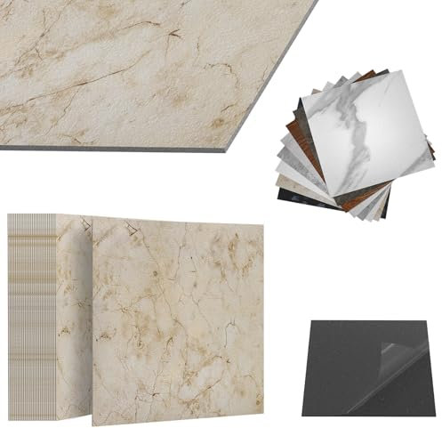 ACXIN Pavimento in PVC autoadesivo con effetto piastrelle, piastrelle adesive per pavimento, impermeabile, per cucina, bagno, soggiorno (effetto marmo beige, 7,5 m², confezione: 81 piastrelle)