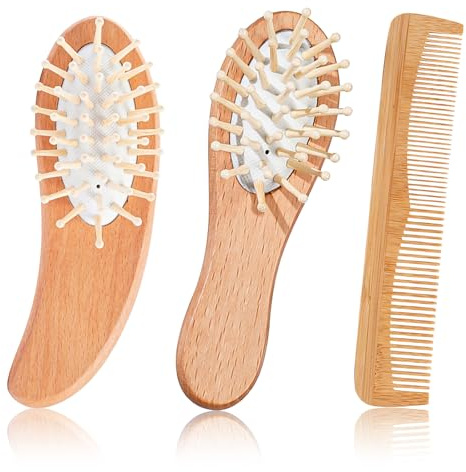 Juego de 3 cepillos para el pelo de madera, peine de madera de bambú, cepillo de madera, peine antiestático, airbag de madera, adecuado para pelo largo, corto, rizado y muchos otros peinados