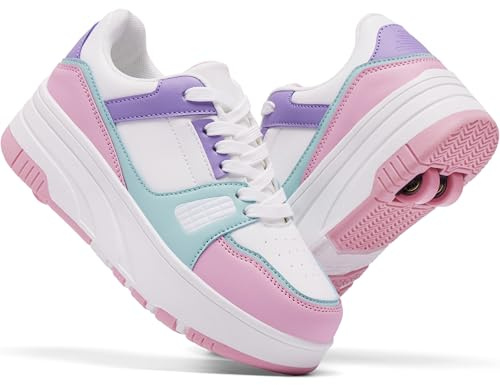 ANEFUN Chaussures à roulettes pour filles garçons enfants avec roues amovibles avant et arrière, patins à roulettes doubles, baskets à la mode avec roues, 34 EU