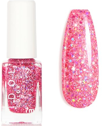 Hot Pink Glitter Nail Polish - 7 ML Pink Color Shimmer Nail Varnish - Bright Pink Long Lasting Chip Resistant No Need UV LED Nail Lamp Polish Nail Art Manicure Salon DIY Home