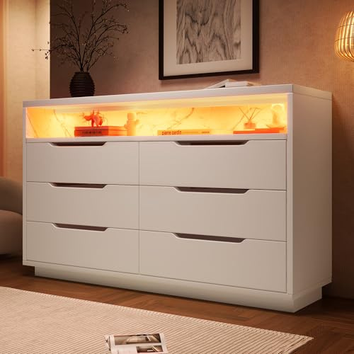 ModernLuxe Marbled 6-Drawer Sideboards for Living Room, Stylish Sideboard Storage Cabinet with RGB LED Lighting and Shelves, Elegant Recessed Handles, Chest of Drawers Bedroom, White, 120x40x85cm