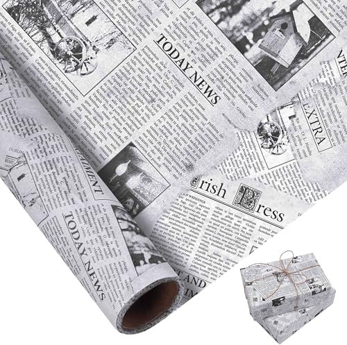 Larcenciel Seidenpapier Rolle, 10M x 43CM Vintage Seidenpapier Verpackungsmaterial mit Zeitungsseidenpapier Motiven, Schwarz Weiß Geschenkpapier Packseide für Füllmaterial Hochzeit Geburtstag Party