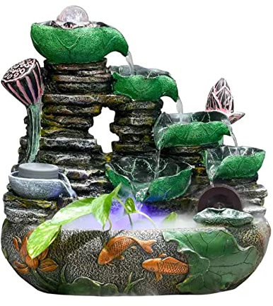 fontana da tavolo Fontana da tavolo con cascata di cascate di roccia a foglia di loto in resina, fontana da interno, con macchina for nebulizzazione d'acqua e pompa decorazioni per la camera da letto(