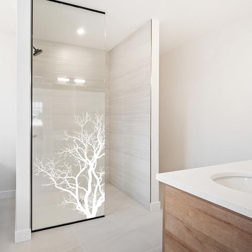 yabaduu YX001 Film adhésif pour cabine de douche, porte de douche, en verre dépoli, imperméable, décoratif, salle de bain, douche (22 arbre, blanc, 50 x 80 cm)