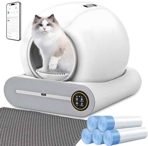 XQDKoon Selbstreinigende Katzentoilette, 65L+9L Selbstreinigende Toilette | mit 5 Rollen Müllsäcken und 1 Fußmatten, Automatische Elektrisches Katzenklo, App Steuerung für Mehrere Katzen