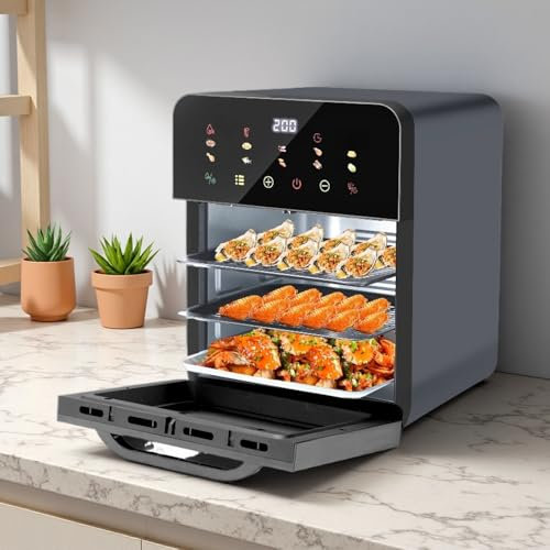 WEIMILOR Freidora de Aire Caliente de 10 l, Mini Horno de 1350 W con 7 Accesorios, Pantalla LED, precalentamiento y Mantenimiento del Calor, deshidratador de Frutas, 10 programas