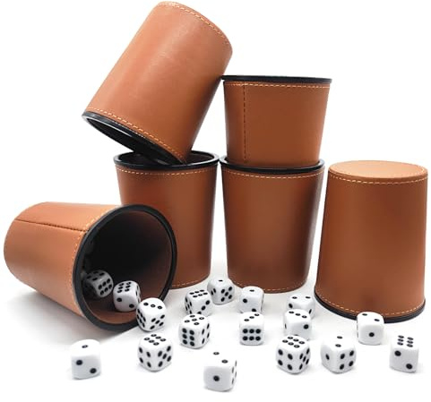 lakigoes Würfelbecher Set 6, Würfelbecher Leder mit 36 Würfeln (15 mm), Schocken Set PU Kniffelbecher, Knobelbecher Leder Set für Bar-Party Würfelspiele