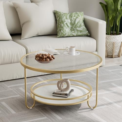 OAKVYNE Mesas De Centro con Cristal Templado – Pequeña Y Auxiliar para Salón, Balcón U Oficina – Estilo Vintage Y Moderno, Estructura Metálica(Gold,60cm/23.6in)