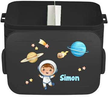 Mepal Bento Take a Break Boîte à déjeuner personnalisée pour garçon avec insert compartiments, boîte à lunch avec nom, motif astronaute midi, imprimé coloré, noir