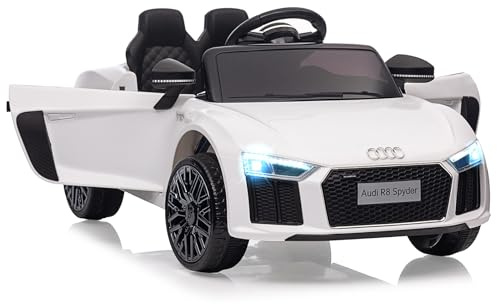 Coche Eléctrico Infantil Audi Modelo 8 de 12V con Licencia: Control Remoto, Suspensión, Música, LED, Arranque Suave, Bocina, Puertas de Tijera. Vehículo Seguro a Batería para Niños de 3 a 6 Año,Blanco