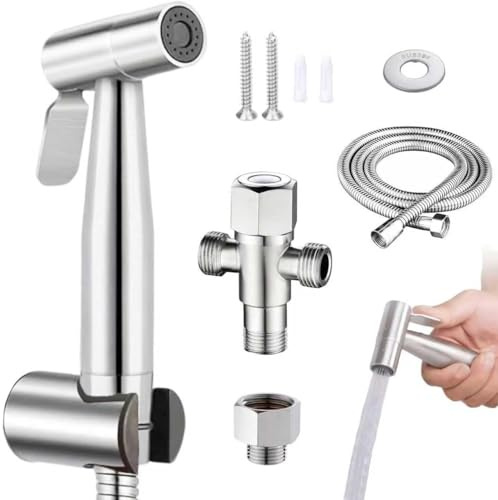 Handheld Toilet Bidet Sprayer Kit, Stainless Steel Portable Bidet Sprayer with 1.5 m Hose and 1/2 to 3/8 Adapter, Handheld Douche Shower Spray for Toilet, Pet Washing and Hygiene