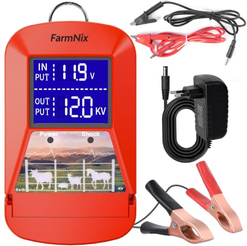 FarmNix 12V Weidezaungerät mit LED Anzeige, 3J Elektrischer Weidezaun 230V | für 24 KM Reichweite, Mehrere Stromoptionen (Netz/Batterie/Solar), Eelektrozaun Ladegerät für Bauernhöfe, Vieh und Pferde