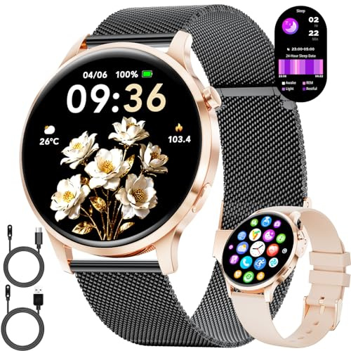 LIGE Montre Connectée Femme Ronde avec Fonction Téléphone 7,9 mm Fine 1,32 AMOLED Élégant Smartwatch pour Android iOS, Fitness Tracker avec Moniteur de Fréquence Cardiaque et de Sommeil,Noir Or