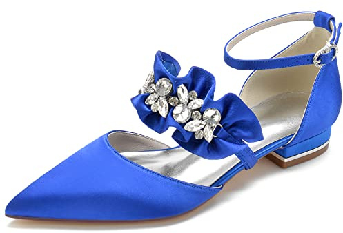 Yhsdfcn Brudskor med Volanger för Dam - Satin Ballerina Mary Jane med Strass, Spetsig Tå och Låg Blockklack,Blue,EU42