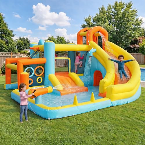 Castillo hinchable para niños, parque acuático inflable, piscina, jardín, parque acuático, con ventilador, tamaño 405 x 416 x 218 cm, multicolor