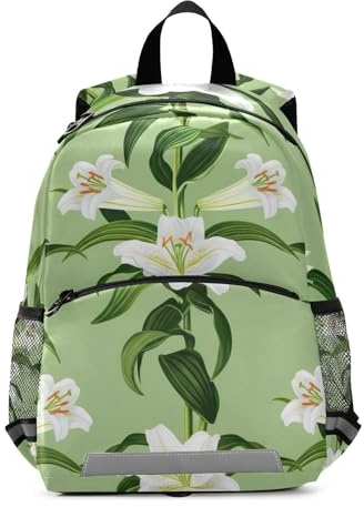 RPLIFE Mini sac à dos de voyage pour filles et garçons de 3 à 6 ans, motif fleurs de lys blancs et feuilles vertes, taille M