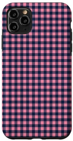 Custodia per iPhone 11 Pro Max Blu Navy Rosa Mini Gingham Carino Piccolo Check Preppy