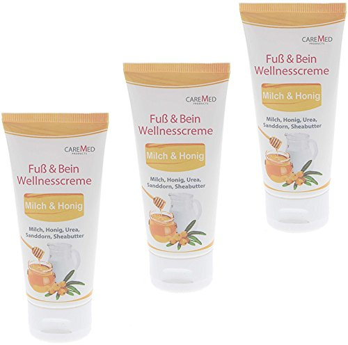 CareMed Milch Honig Wellness Fußcreme Fuß und Bein, Wellnesscreme, 3x 50ml
