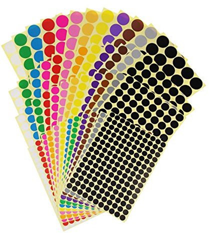 LJY 4452 Klebepunkte Bunt, 12 Farben, 4 Größen, 48 Blatt | Je Farbe ein Blatt mit 10, 16, 19 und 25 mm; 280, 60, 21 und 10 Punkte je Größe