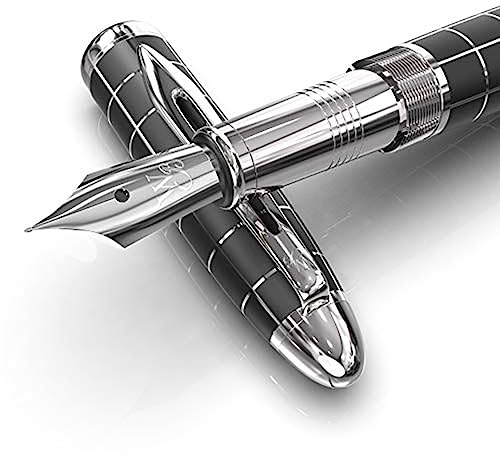 Wordsworth & Black Majesti Füllfederhalter (Chrom kariert), luxuriöses Etui, Chrom-Finish, 24 Iridium Tintenpatronen, mittlere Spitze, Geschenkset, nachfüllbarer Füllfederhalter für Männer und Frauen
