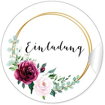 48 STICKER: Einladung Etiketten als Siegel mit roter Rose und zwei Ringe in Goldgelb (kein Echtgold) für Briefumschläge Anhänger oder Postkarten zur Hochzeit Geburtstag Taufe