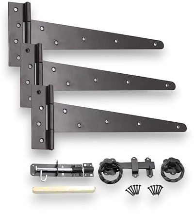 Infinity Decor 14” Tee Hinges (3) Garden Gate kit Twisted Ring Latch and Brenton Bolt Wooden Gate Fittings Kit Epoxy Black - for Barn, Shed Doors, Garage Gate