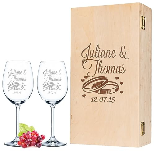 GRAVURZEILE Leonardo Weingläser mit Gravur von Namen & Datum im - Wedding Design - als Geschenk zur Hochzeit, Verlobung Jahrestag - inkl. gravierter Vintage Holzkiste - das perfekte Hochzeitsgeschenk