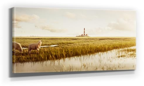 BilderKing Atemberaubendes Nordsee Leinwand-Bild 110x50cm, Motiv Westerhever Leuchtturm. Ein einzigartiges XXL Wandbild als Deko für Wohnzimmer, Schlafzimmer, Küche. Aufgespannt auf Holzrahmen