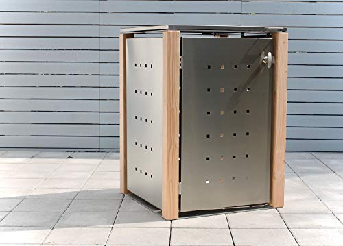 KIRCHBERGER METALL Mülltonnenbox 240L - Edelstahl - Holzpfosten - 1er Box mit Befestigungsset abschließbarer Griff Lärche (Pflanzendach)