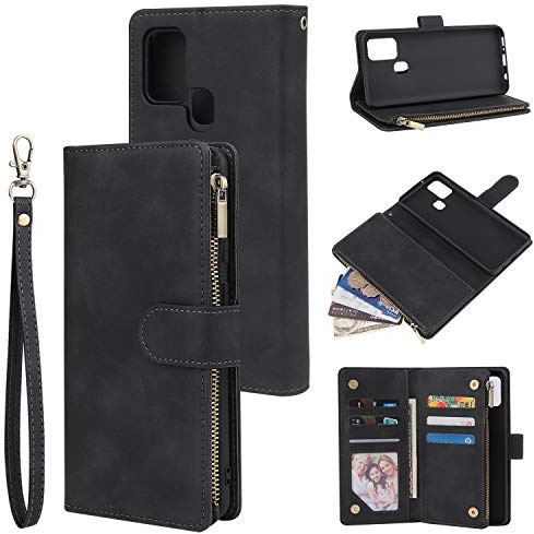 QLTYPRI Hülle für Samsung Galaxy A21S, Premium Leder Handyhülle mit Große Kapazität 6 Kartenfach & 1 Reißverschluss Tasche Ständer Schutzhülle für Samsung Galaxy A21S - Schwarz