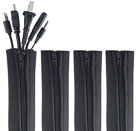 Zipper Cable Sleeve by Wrap-It Storage - 24 x 4 (4-Pack) Black - Cord Organizer and Cable Protector for Desk, Computer, TV Cord Management to Hide and Cover Wire and Extension Cables