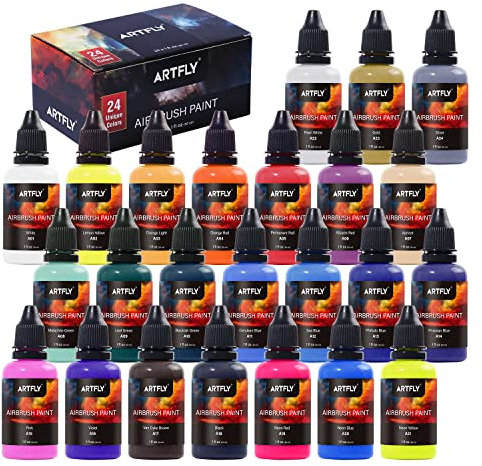 ARTFLY Airbrush Farbset - 24 Farben Mit Metallischen Und Neonfarben, Opake & Waserbasierende Acryl-Farben, Leder & Schuh Farbkit