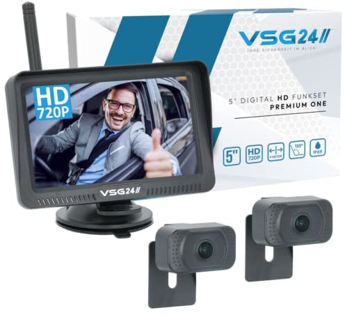 VSG24 5“ HD Set 2 Kameras Funk Rückfahrsystem Premium ONE für PKW, KFZ Set kabellos inkl. Rückfahrkamera + Monitor, einfach zum Nachrüsten 12V-24V, Nummernschild Kamera digital, Auto Rückspiegel